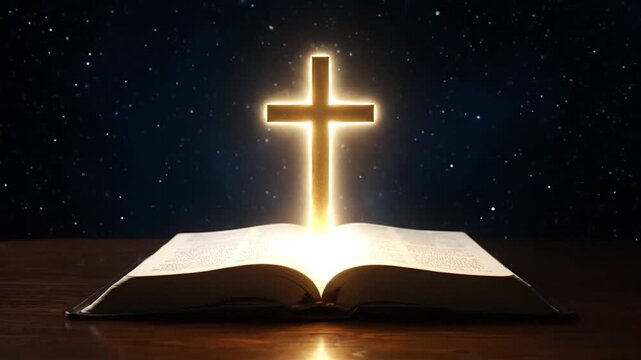 Illuminated cross above open book against a starry night background