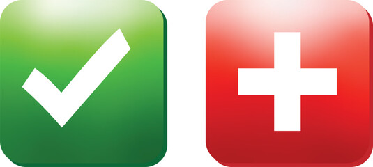 Obraz premium Green check mark and red cross mark emoji icon. Glossy square symbols with white tick and white X inside. Set of green and red cross marks buttons 
