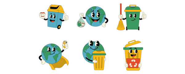 Fototapeta premium Set of trash can and earth character for zero waste, clean up day, awareness of waste, earth day, environment illustration. Vector isolated.
