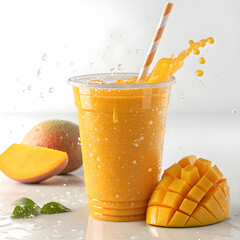 Refreshing mango smoothie with straw and fresh fruit splashing