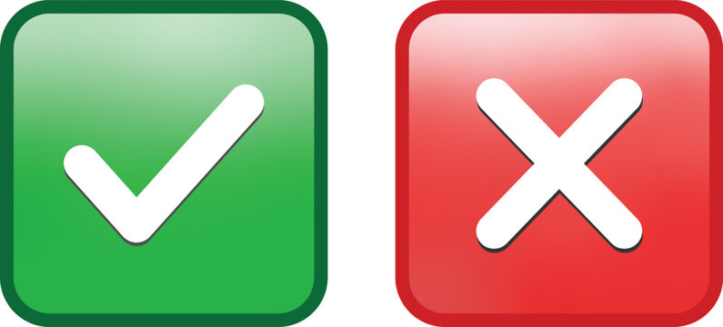 Green check mark and red cross mark emoji icon. Glossy square symbols with white tick and white X inside. Set of green and red cross marks buttons
