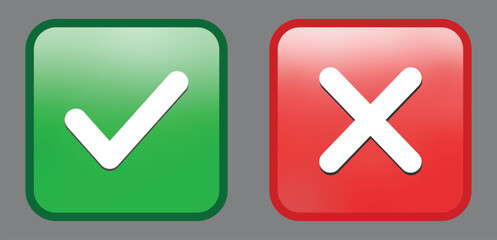 Green check mark and red cross mark emoji icon. Glossy square symbols with white tick and white X inside. Set of green and red cross marks buttons  © MDneamul