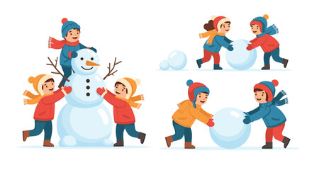 Obraz premium Children having fun playing in the snow and working together to build a large snowman in winter.