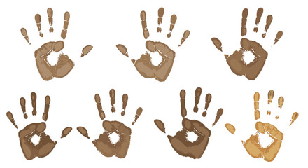 Fototapeta premium Collection of various human handprints in different shades of brown symbolizing unity and diversity.