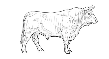 Fototapeta premium Detailed black and white sketch of a powerful bull standing in profile showing its muscular build.