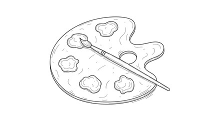 Naklejka premium Simple line art illustration of a wooden artist's palette with several paint blobs and a single paintbrush lying across it.