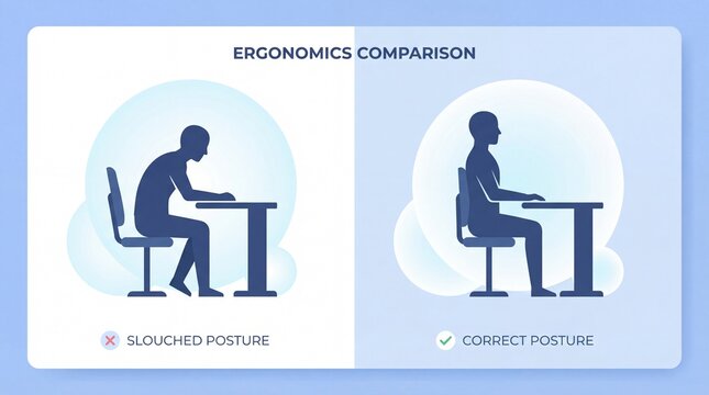Silhouette comparison showing slouched versus straight back sitting at a desk for bone health. Ideal for workplace safety guidelines and medical brochures on spinal care.