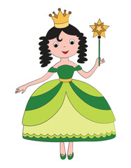 Little princess in green beautiful dress and gold crown