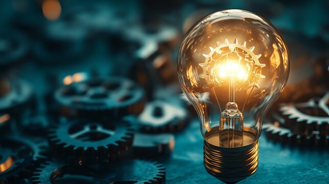 A glowing lightbulb with gears inside stands out among metal cogs on a blue background, symbolizing innovation and creativity.