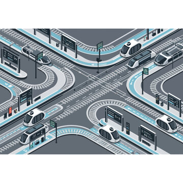 Futuristic Transportation Hub with Self Driving Cars.