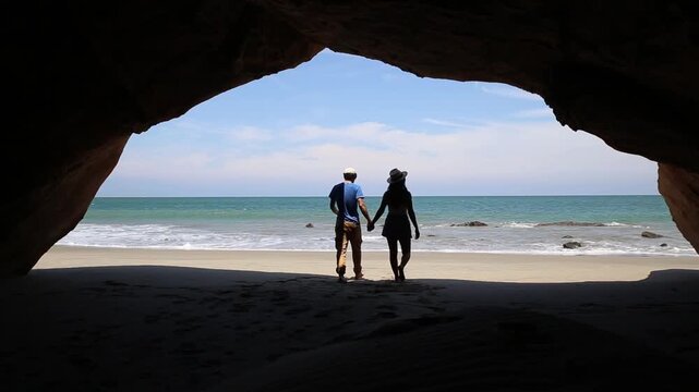 A romantic couple walks along the tropical beach of M&aacute;ncora, Peru, enjoying the sunny weather and the sound of the ocean.