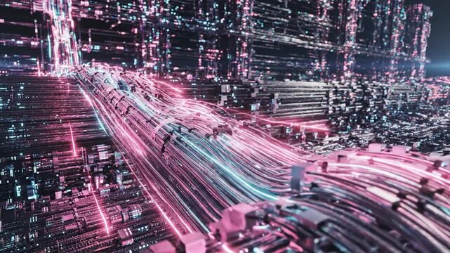 Abstract digital network with flowing data streams and futuristic design