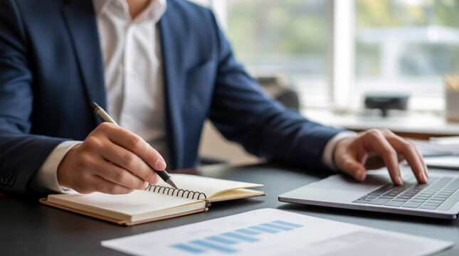 Professional businessman taking notes while working on a laptop in a bright office.