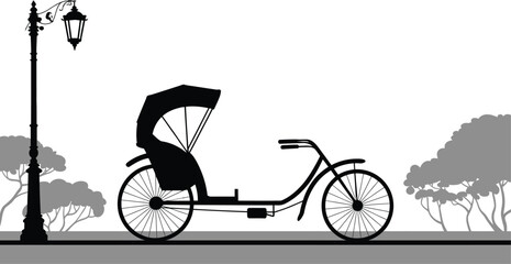 Obraz premium Rickshaw Silhouette with Lamp Post and Silhouetted Trees