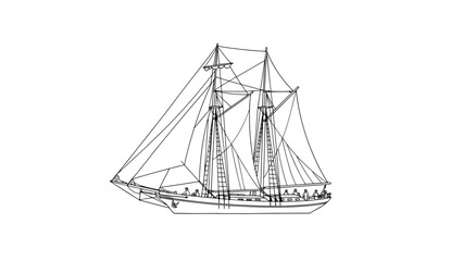 Sailing ship line art with tall masts and sails in black and white design