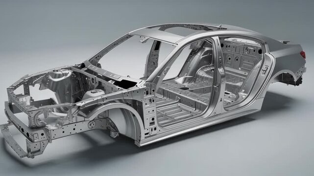 Modern car body frame structure made of metal showing automotive manufacturing and engineering