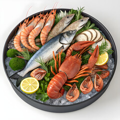 Fresh seafood platter with shrimp, lobster, and fish on ice