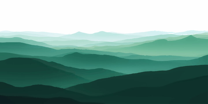 Vector Emerald mountain range, ethereal illustration with layered ridges creates a beautiful scenic landscape, capturing tranquility and serene, evoking a sense of calm. 