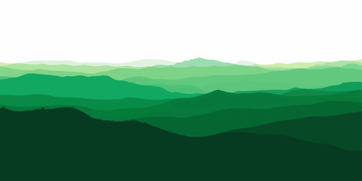 Vector Abstract layered silhouettes of rolling mountain ridges, creating verdant landscape across the horizon. Depicting a vast, tranquil, and untouched scene.