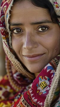 A portrait of a smiling woman with freckles. She wears a colorful headscarf and traditional clothing. She seems to be a gypsy, a traveler, a wanderer, or a nomad