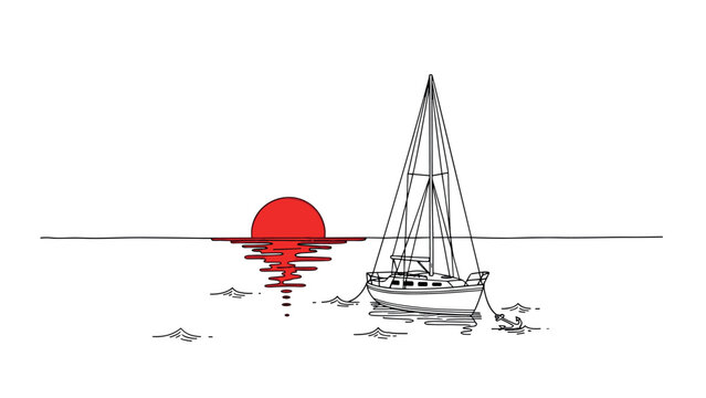 Sailboat on serene ocean at sunset with red sun reflection