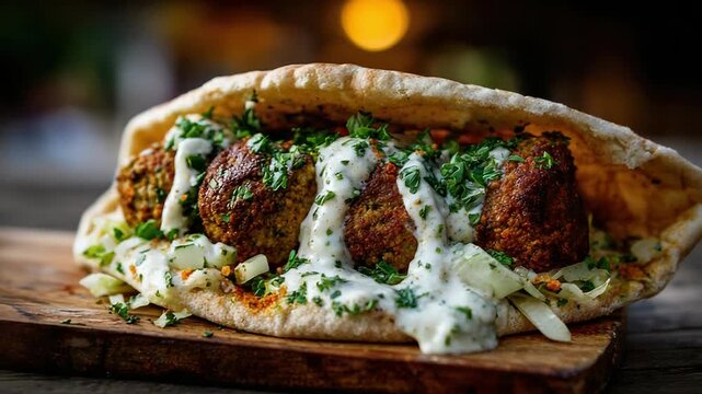 Sizzling falafel pita with creamy sauce in rustic setting captured in high resolution