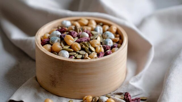 Natural trail mix in bamboo bowl with assorted nuts and dried fruits on rustic fabric background