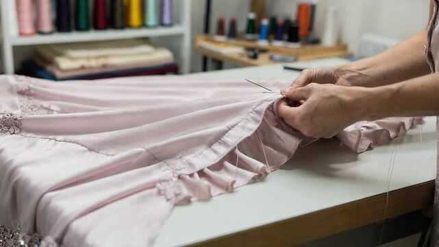 Tailor carefully stitches a delicate ruffled hem on a long nightgown focusing on intricate detailing under bright sewing studio lights.