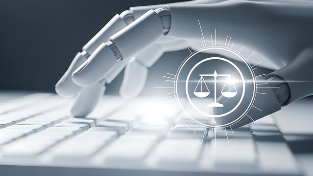 Robotic hand pressing keyboard button with justice law symbol on screen interface technology