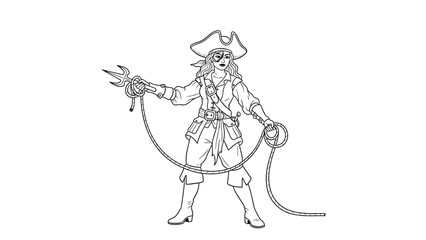 Fototapeta premium Female pirate holding a sword and whip in detailed linear art style