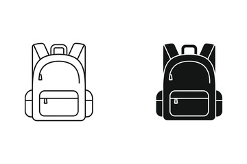 Backpack icon set in black and white outline flat design vector illustration