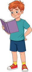 Fototapeta premium Cute cartoon vector illustration of a young red-haired boy standing and reading an open purple book.