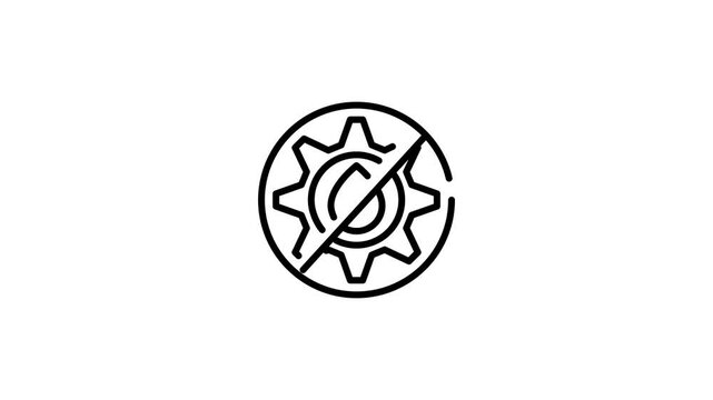 Water drop with a prohibition sign inside a gear line icon animation 4k video. Water conservation and zero waste animation icons. Black and white icon with transparent background