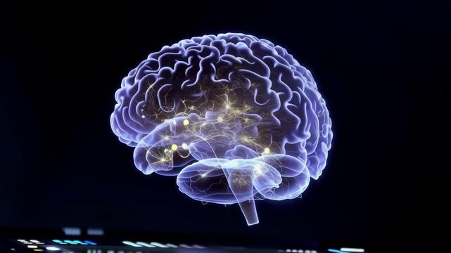 Digital Holographic Human Brain with Glowing Neural Pathways and Synaptic Connections
