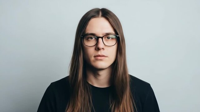Young person with glasses pointing directly at the camera with a serious expression