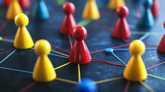 A close-up view of colorful game pieces connected by lines on a strategic planning board for business and teamwork