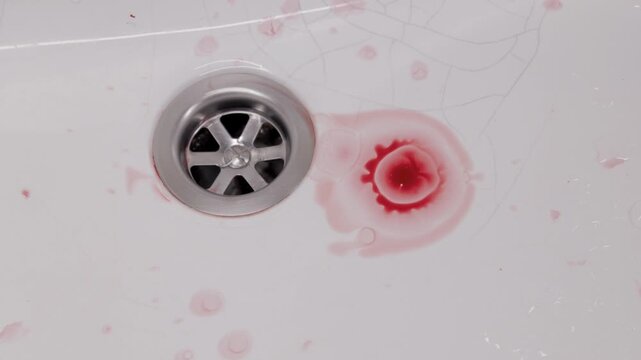 Red drops of blood fall onto the white ceramic surface of a sink, splashing and spreading near the metal drain. Concept of health issues, nosebleed, horror scenes, or medical emergencies.