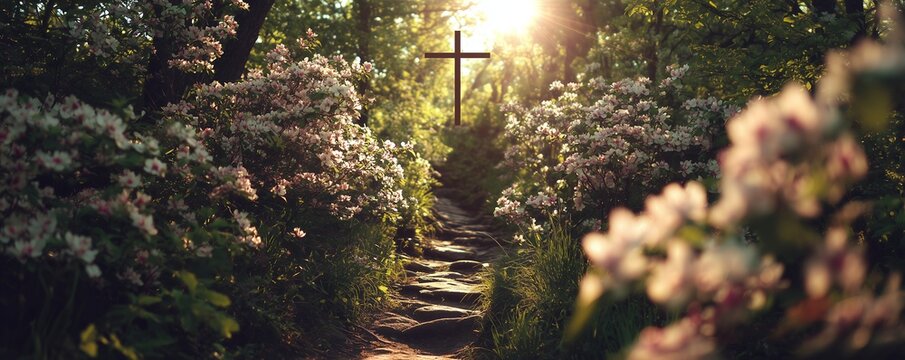Cross silhouette at the end of a stone path flanked by blooming flowers, illuminated by divine golden sun rays, concept for religious devotion, spiritual journey design and peaceful nature worship