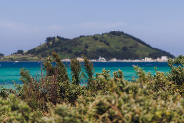 Naklejka premium Jeju Island, Hyeopjae Beach, Hallim, white sand beach and sea, Hallim-ro, Hallim-eup, Geumneung Beach, Jeju-do, South Korea, Jeju Province, landscape view in a sunny day, and Biyangdo island