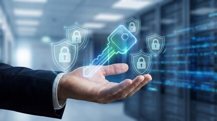 Digital key management solutions empowering data security in modern businesses futuristic office environment visual content professional viewpoint