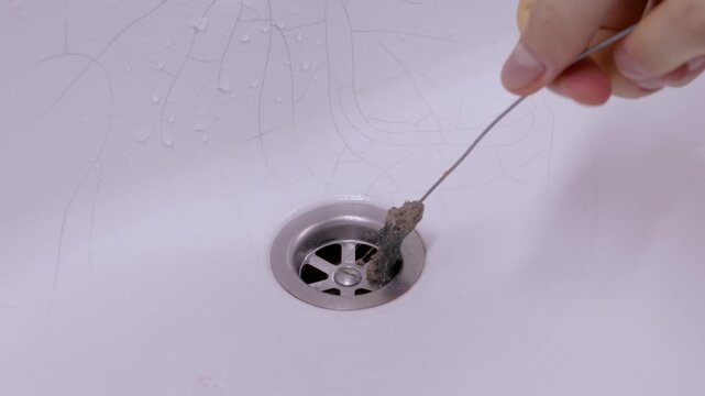 A hand pulls a clump of hair and dirt from a clogged bathroom sink drain using a wire hook tool. Concept of household plumbing maintenance, unpleasant hygiene tasks, and unclogging pipes.