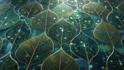 Nature meets technology a stunning display of leaves with embedded circuitry digital art green landscape abstract view environmental innovation