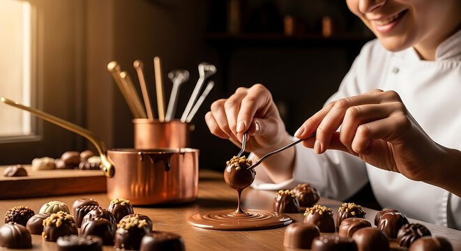 A smiling chocolatier meticulously dips artisanal truffles into melted chocolate, surrounded by delicious confections.