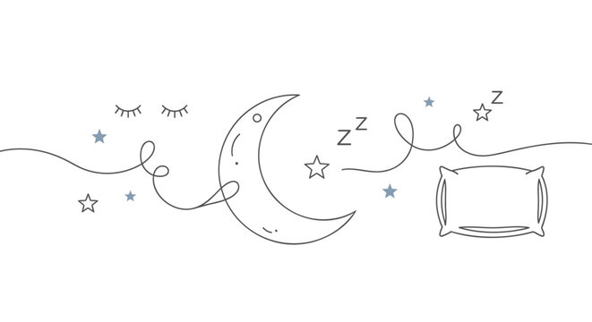 Sleepy time doodle illustration of crescent moon, stars, and pillow with zzz sleep symbols, for website or social media overlay effect or wallpaper
