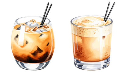 氷入りグラスのカルーアミルク コーヒーカクテルドリンクの水彩タッチイラスト
