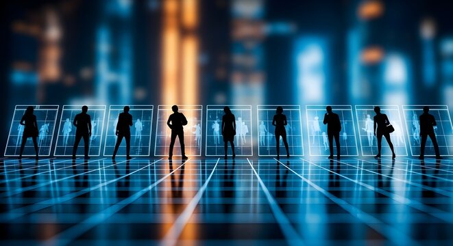 Silhouettes of business people standing on a futuristic grid with glowing city lights in the background.