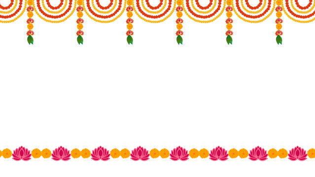 Traditional marigold flower garland toran vector, perfect for Indian Hindu wedding, navratri, dussehra, Diwali, karwa chauth festival decoration, floral border ornament design for celebration themes