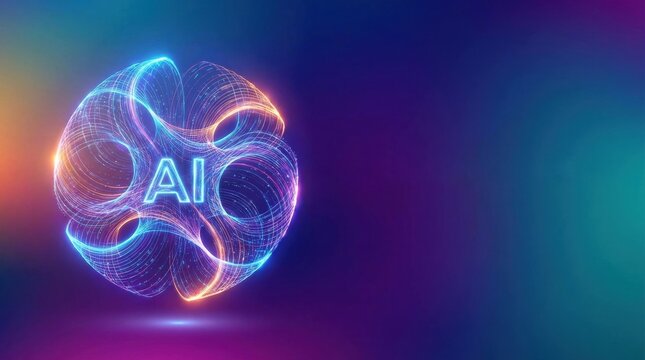 Abstract glowing neon AI concept in a wireframe sphere colorful digital brain structure with vibrant futuristic light