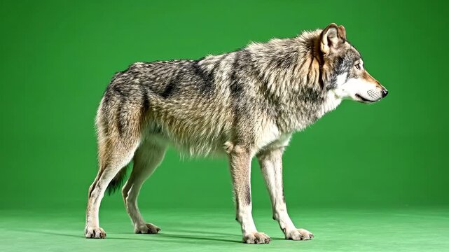 Majestic gray wolf stands alert on a vibrant green backdrop a prime animal subject