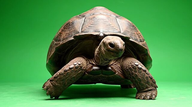 Majestic tortoise stands on a vibrant green background displaying its ancient shell and scales